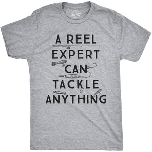 Mens A Reel Expert Can Tackle Anything T Shirt Funny Fishing Tee | Funny T Shirts, Graphic Apparel for Men, Cool Fishing Short Sleeve, Soft Cotton Blend, Novelty Tees for Guys(Light Heather Grey)