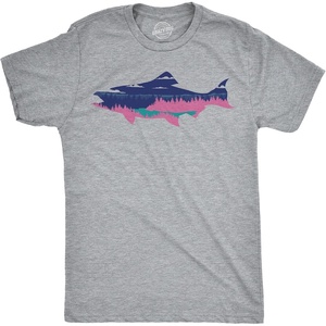 Mens Salmon Landscape Funny T Shirt Awesome Nature Lovers Tee | Funny T Shirts, Graphic Apparel for Men, Cool Fishing Short Sleeve, Soft Cotton Blend, Novelty Tees for Guys(Light Heather Grey – Salmon Landscape)
