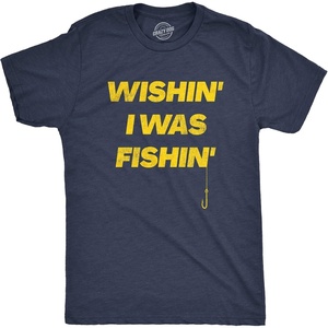 Mens Wishin I was Fishin T Shirt Funny Fishing Lovers Hook Line Tee | Funny T Shirts, Graphic Apparel for Men, Cool Fishing Short Sleeve, Soft Cotton Blend, Novelty Tees for Guys(Heather Navy – Fishin)