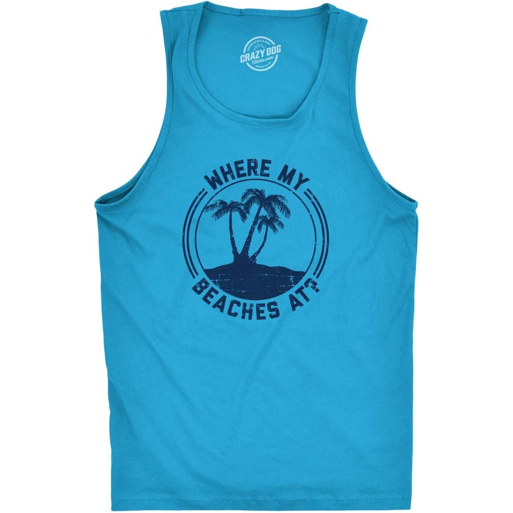 image:imageFitness Where My Beaches At Funny Summer Vacation Mens Tank Tops Aqua S Lightweight Cotton Sleeveless Shirt Summer Workout Tank for Guys and Vacation Trips Turquoise Funny Workout Shirt Graphic