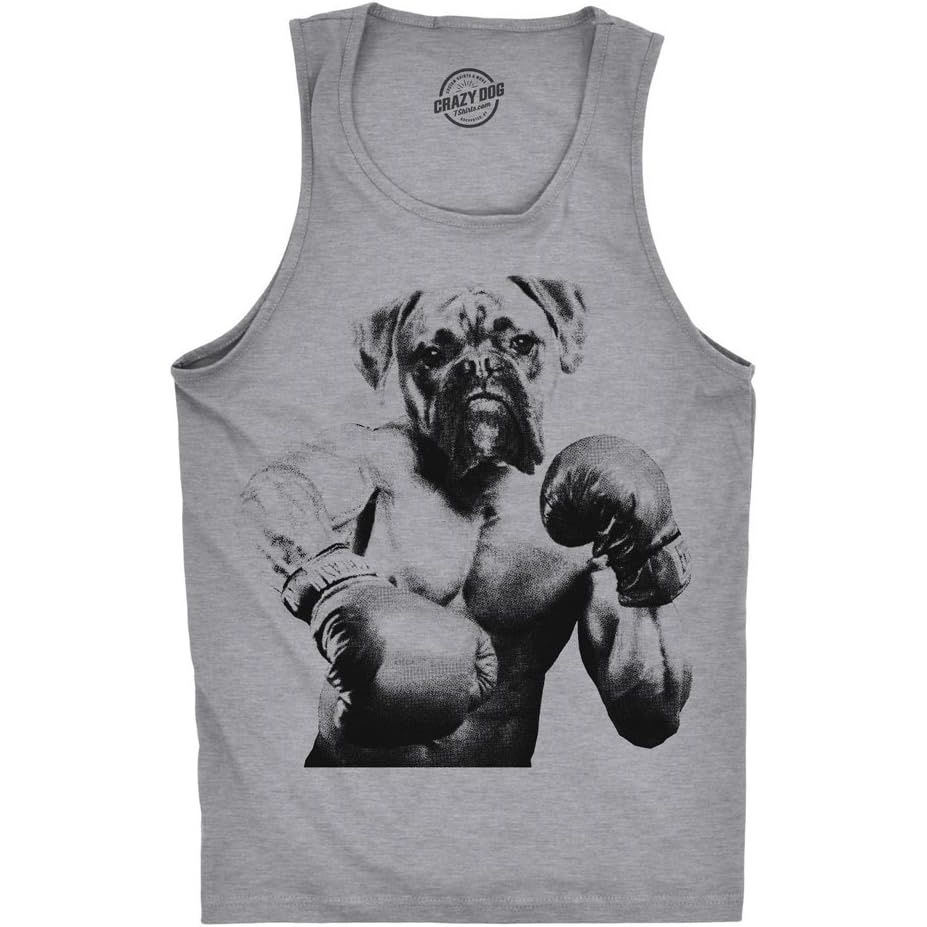 image:imageMens Boxer Boxing Fitness Tank Top Funny Workout Puppy Dog Tee for Guys Funny Workout Shirt Graphic Tank Top for Men Cool Fitness Sleeveless Tee Dog Fitted Tank Novelty Tank Tops for GuysLight Heather Grey