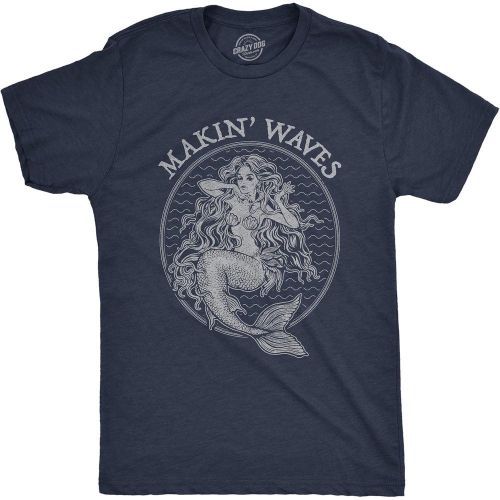 image:imageMens Makin Waves T Shirt Funny Mermaid Graphic Novelty Tee Funny T Shirts Graphic Apparel for Men Cool Summer Short Sleeve Soft Cotton Blend Novelty Tees for GuysHeather Navy