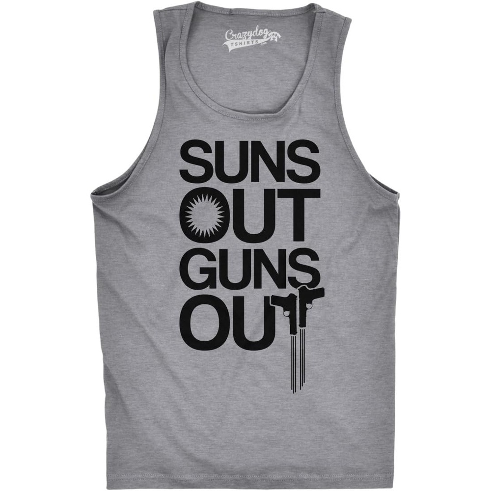 image:imageMens Suns Out Guns Out Tank Funny Workout Tanks Hilarious Gym Shirt Funny Workout Shirt Graphic Tank Top for Men Cool Fitness Sleeveless Tee Fitted Tank Novelty Tank Tops for GuysLight Heather Grey