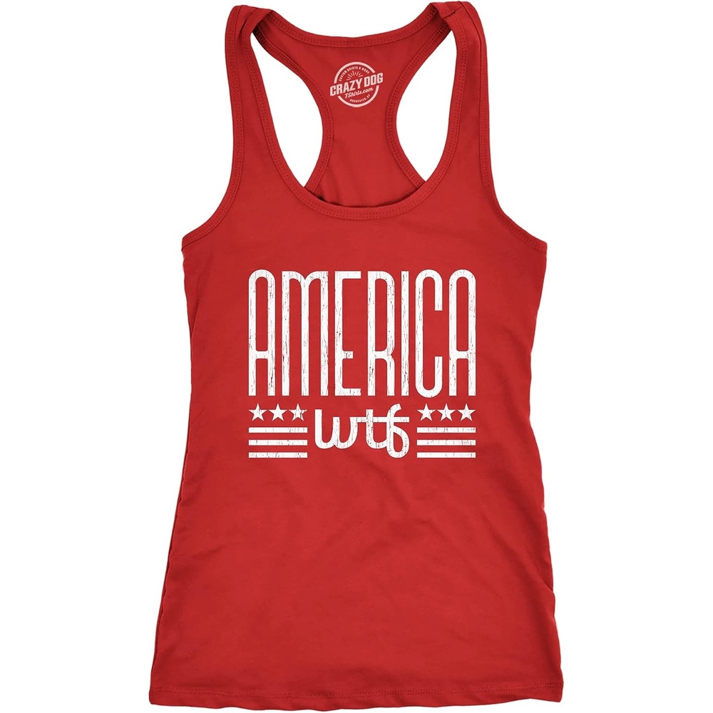 image:imageWomens America WTF T Shirt Funny Patriotic July 4th Novelty Tee Funny Racerback Tank Patriotic Tank Top for Women Cool Sarcastic Sleeveless Tee Fitted Racerback Novelty Tank Tops forRed