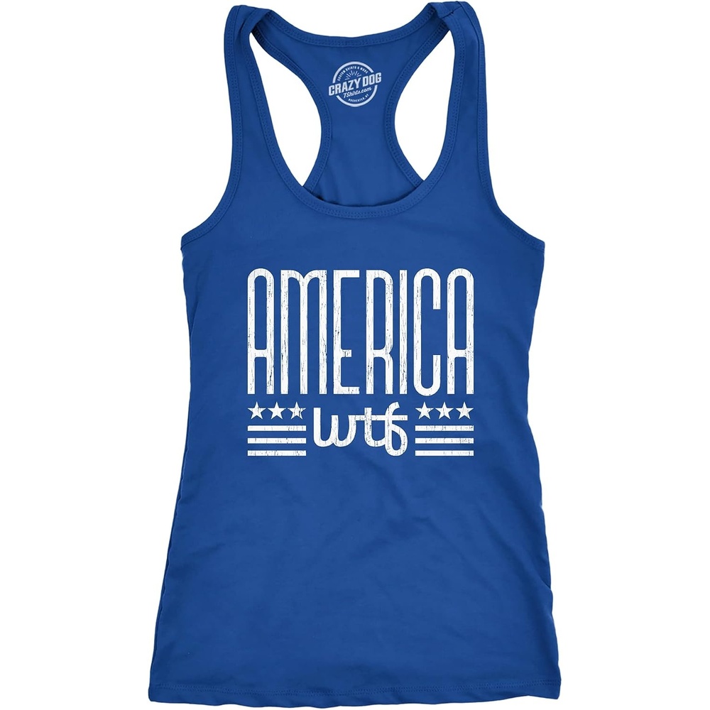 image:imageWomens America WTF T Shirt Funny Patriotic July 4th Novelty Tee Funny Racerback Tank Patriotic Tank Top for Women Cool Sarcastic Sleeveless Tee Fitted Racerback Novelty Tank Tops forRoyal