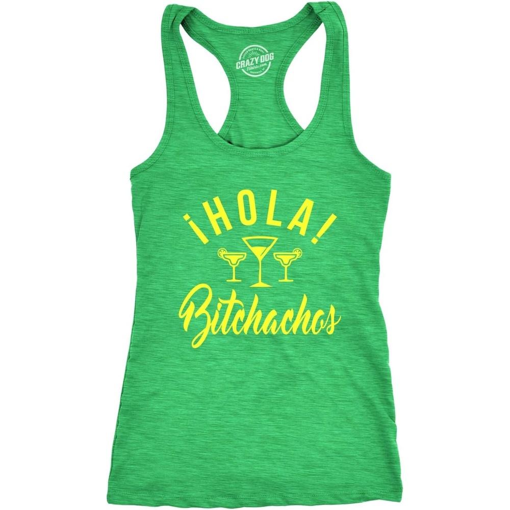 image:imageWomens Hola Bitchachos Funny Workout Shirts Cool Vintage Fitness Tank Top Funny Racerback Tank Cinco De Mayo Tank Top for Women Cool Fitness Sleeveless Tee Vintage Fitted Racerback Novelty TankHeather Green