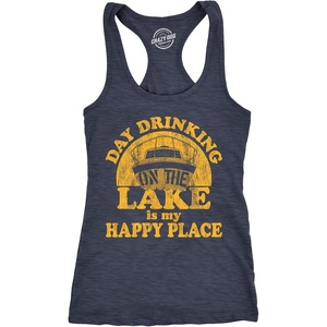 Day Drinking On The Lake is My Happy Place Womens Cute Tank Tops | Funny Racerback Tank, Graphic Tank Top for Women, Cool Drinking Sleeveless Tee, Summer, Fitted Racerback, Novelty Tank Tops(Heather Navy)