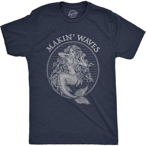 Mens Makin Waves T Shirt Funny Mermaid Graphic Novelty Tee | Funny T Shirts, Graphic Apparel for Men, Cool Summer Short Sleeve, Soft Cotton Blend, Novelty Tees for Guys(Heather Navy)