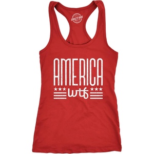 Womens America WTF T Shirt Funny Patriotic July 4th Novelty Tee | Funny Racerback Tank, Patriotic Tank Top for Women, Cool Sarcastic Sleeveless Tee, Fitted Racerback, Novelty Tank Tops for(Red)
