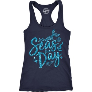 Womens Tank Seas The Day Tanktop Cute Mermaid Summer Tee Glitter Print | Funny Racerback Tank, Graphic Tank Top for Women, Cool Summer Sleeveless Tee, Fitted Racerback, Novelty Tank Tops for Women(Navy)