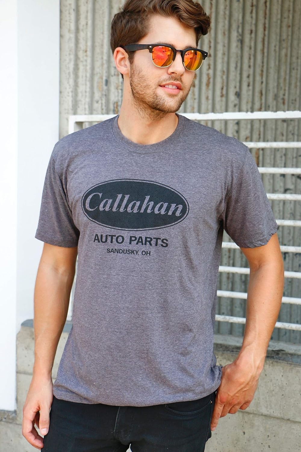 image:imageCrazy Dog Mens Callahan Auto Parts T Shirt Funny Graphic Novelty Tee Funny T Shirts Graphic Apparel for Men Cool Movie Short Sleeve Soft Cotton Blend Novelty Tees for GuysDark Heather Grey