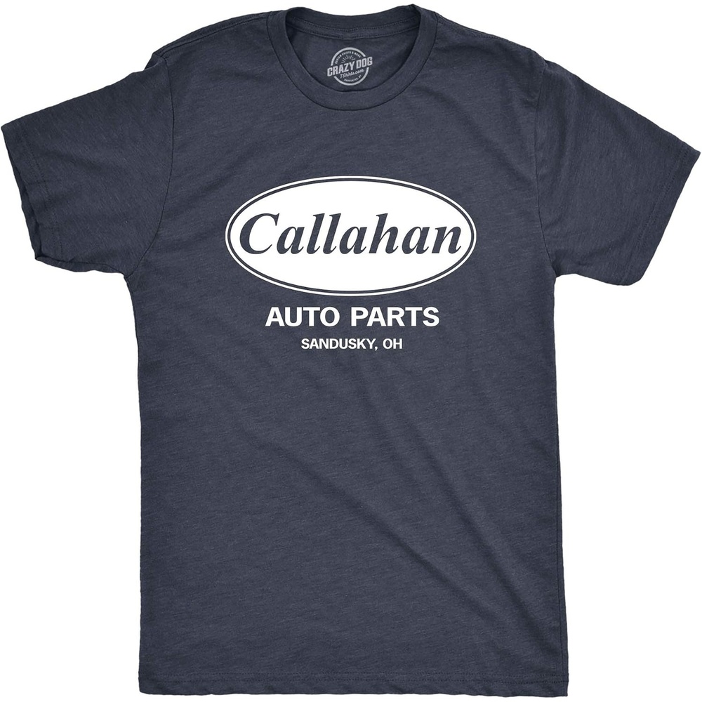 image:imageCrazy Dog Mens Callahan Auto Parts T Shirt Funny Graphic Novelty Tee Funny T Shirts Graphic Apparel for Men Cool Movie Short Sleeve Soft Cotton Blend Novelty Tees for GuysHeather Navy