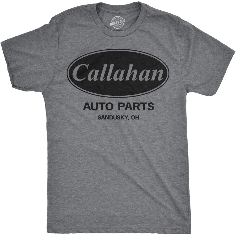 image:imageCrazy Dog Mens Callahan Auto Parts T Shirt Funny Graphic Novelty Tee Funny T Shirts Graphic Apparel for Men Cool Movie Short Sleeve Soft Cotton Blend Novelty Tees for GuysDark Heather Grey
