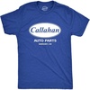 Crazy Dog Mens Callahan Auto Parts T Shirt Funny Graphic Novelty Tee | Funny T Shirts, Graphic Apparel for Men, Cool Movie Short Sleeve, Soft Cotton Blend, Novelty Tees for Guys(Heather Royal)