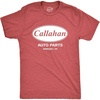Crazy Dog Mens Callahan Auto Parts T Shirt Funny Graphic Novelty Tee | Funny T Shirts, Graphic Apparel for Men, Cool Movie Short Sleeve, Soft Cotton Blend, Novelty Tees for Guys(Heather Red)