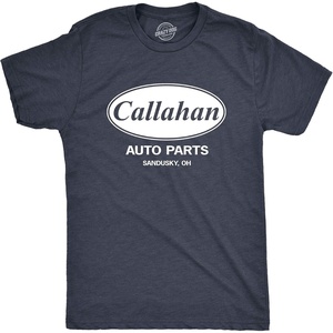 Crazy Dog Mens Callahan Auto Parts T Shirt Funny Graphic Novelty Tee | Funny T Shirts, Graphic Apparel for Men, Cool Movie Short Sleeve, Soft Cotton Blend, Novelty Tees for Guys(Heather Navy)