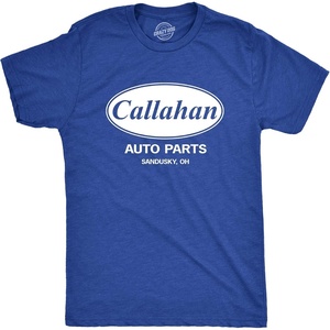 Crazy Dog Mens Callahan Auto Parts T Shirt Funny Graphic Novelty Tee | Funny T Shirts, Graphic Apparel for Men, Cool Movie Short Sleeve, Soft Cotton Blend, Novelty Tees for Guys(Heather Royal)