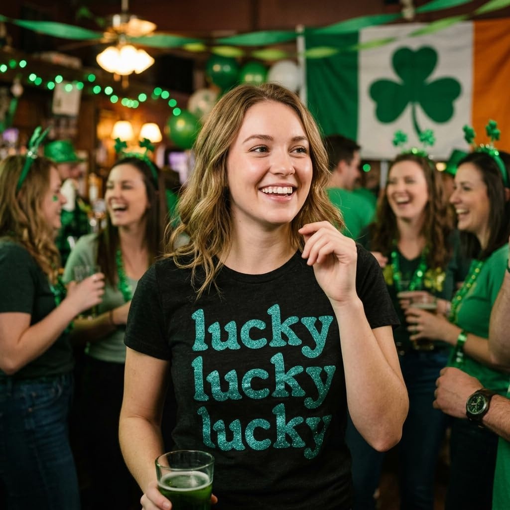 image:imageLucky Lucky Lucky Green Glitter Funny St Womens TShirts Cute Funny T Shirts Saint Patricks Day Tops for Women Cool Top Soft Cotton Blend Womens Novelty TeesHeather Black Lucky Green Glitter