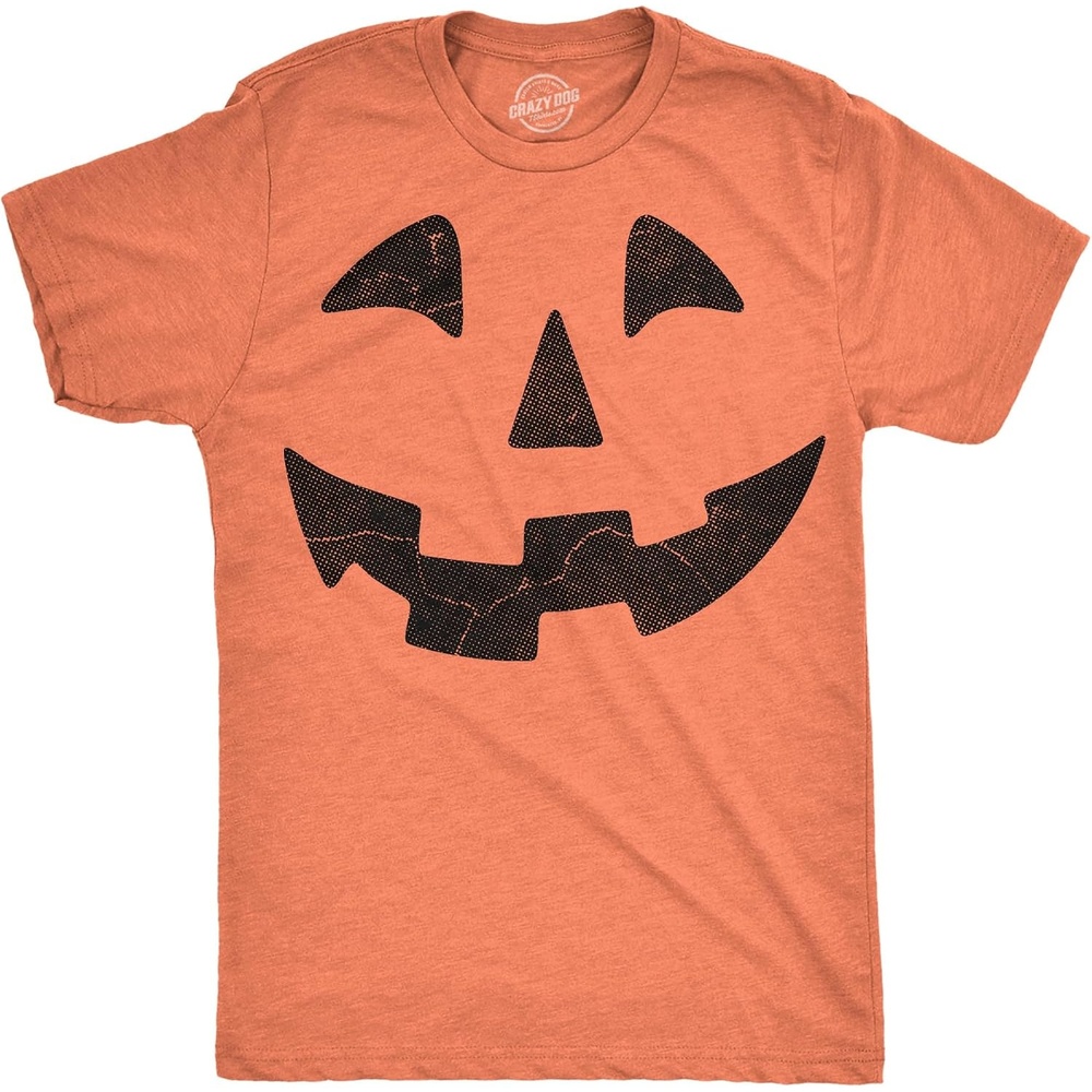 image:imageMens Jack O Lantern Halloween Shirt Pumpkin Face Graphic Tee Giant jack o lantern face black distressed pumpkin artwork heather orange mens crew neck graphic tee 60 40 blend Funny THeather Orange Giant Jack O Lantern