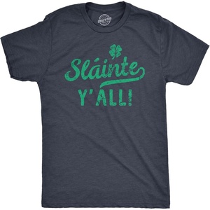 Funny Irish Drinking Shirt Sláinte Y’All St Patricks Day Tee | Shamrock Lucky Clover Outfit, Funny T Shirts, Saint Patrick’s Day Apparel for Men, Cool Drinking Short Sleeve, Soft Cotton(Heather Navy – Slainte)