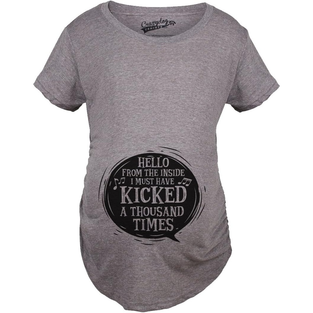 image:imageMaternity Funny for Pregnant Women Funny Pregnancy T Shirt Funny Graphic Pregnancy Tee Graphic Maternity Wear Cool Sarcastic Short Sleeve Animal Ruched stretchy soft MaternityDark Heather Grey Hello Inside