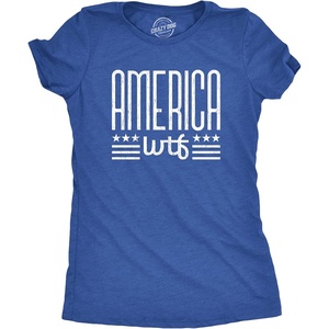 Womens America WTF T Shirt Funny Patriotic July 4th Novelty Tee | Funny T Shirts, Patriotic Tops for Women, Cool Sarcastic Top, Soft Cotton Blend, Women’s Novelty Tees(Heather Royal)