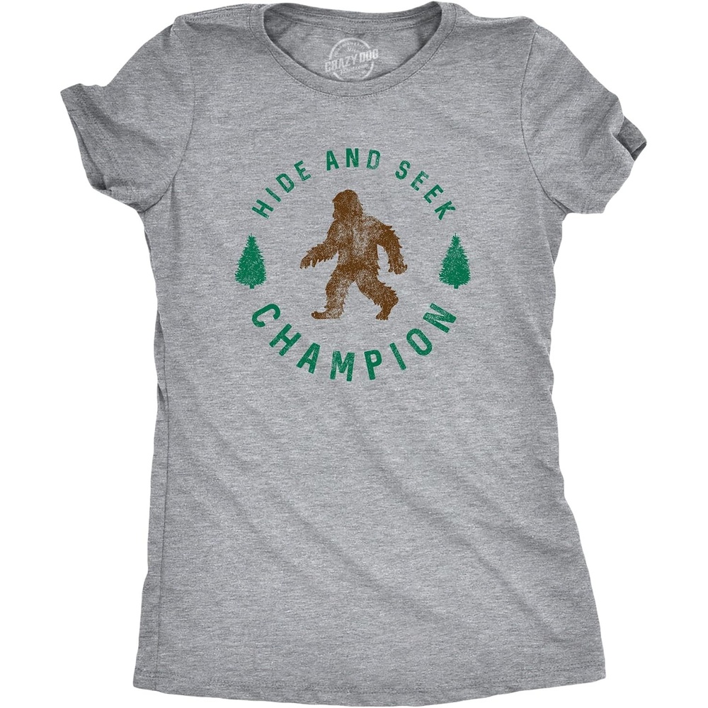 image:imageCrazy Dog TShirts Hide and Seek Champion Funny Bigfoot Graphic Tee Funny T Shirts Graphic Apparel for Men Cool Camping Short Sleeve Soft Cotton Blend Novelty Tees for GuysLight Grey Womens 2 Color Print