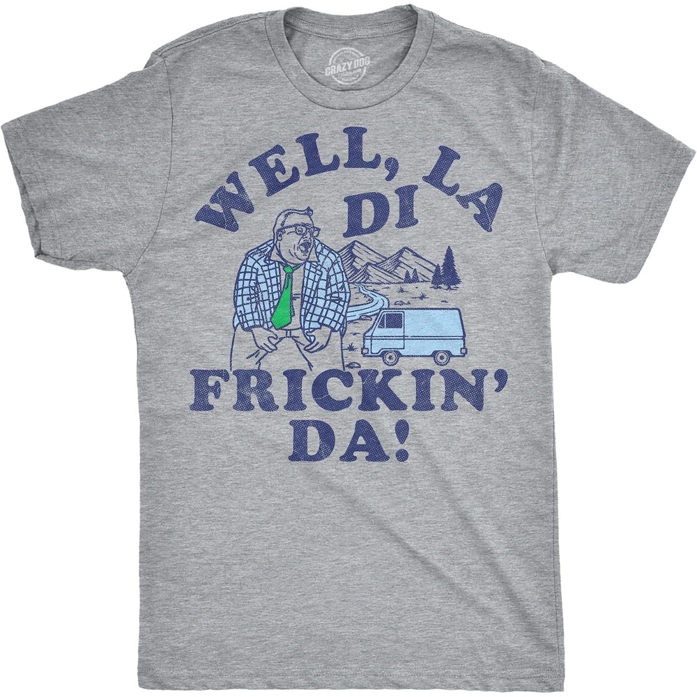 image:imageMens Chris Farley TShirt Matt Foley Funny Graphic Novelty Tees Licensed Chris Farley Tees Cool Comedy Shirts Vintage 90s Graphic Tee Funny Matt Foley Tshirts Classic Farley QuotesLight Heather Grey La Di Frickin Da