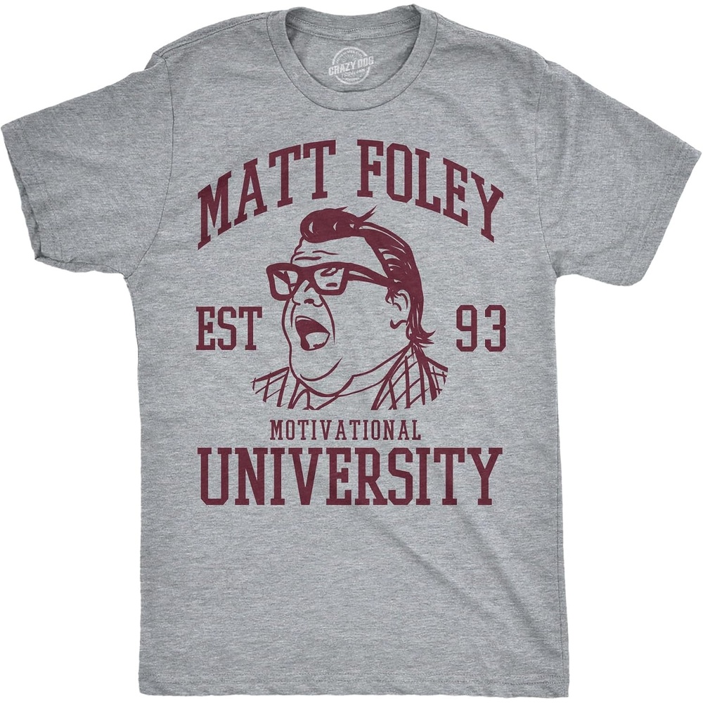 image:imageMens Chris Farley TShirt Matt Foley Funny Graphic Novelty Tees Licensed Chris Farley Tees Cool Comedy Shirts Vintage 90s Graphic Tee Funny Matt Foley Tshirts Classic Farley QuotesLight Heather Grey Matt Foley University