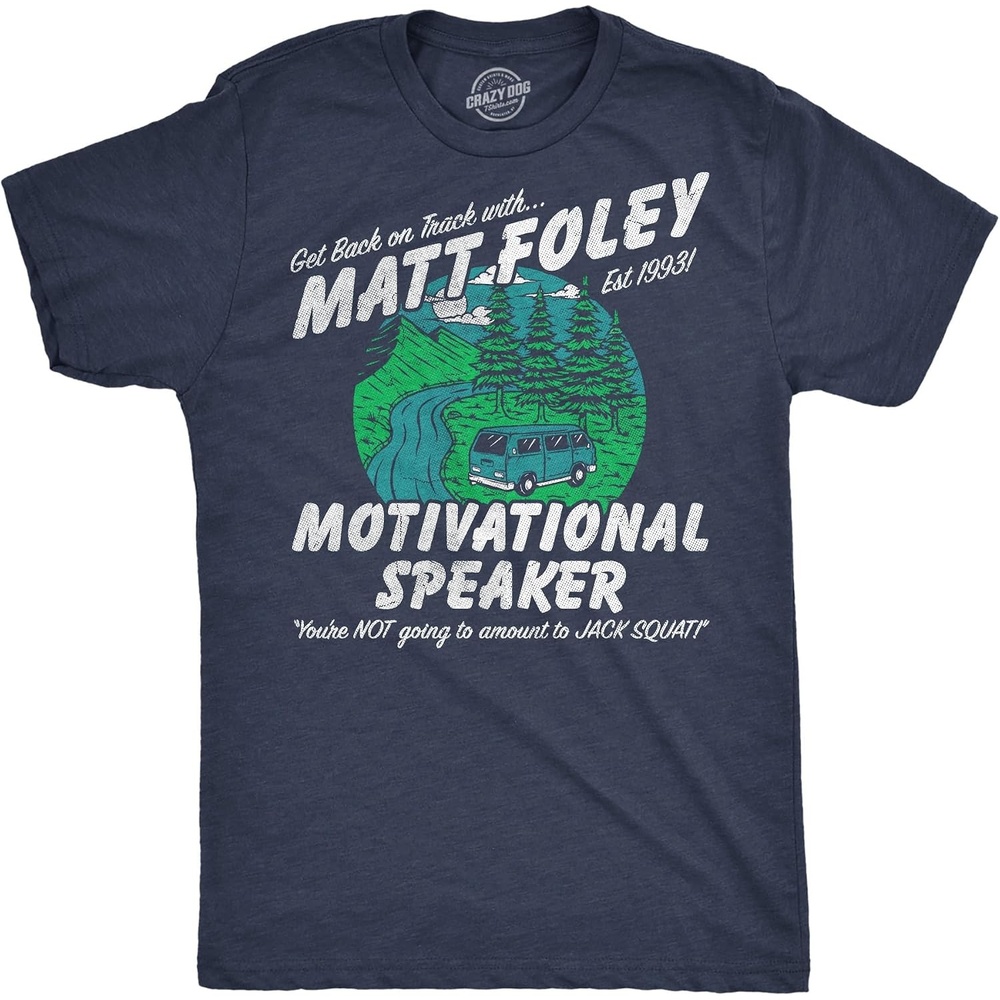 image:imageMens Chris Farley TShirt Matt Foley Funny Graphic Novelty Tees Licensed Chris Farley Tees Cool Comedy Shirts Vintage 90s Graphic Tee Funny Matt Foley Tshirts Classic Farley QuotesHeather Navy Matt Foley