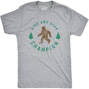 Crazy Dog T-Shirts Hide and Seek Champion Funny Bigfoot Graphic Tee | Funny T Shirts, Graphic Apparel for Men, Cool Camping Short Sleeve, Soft Cotton Blend, Novelty Tees for Guys(Mens Light Grey)