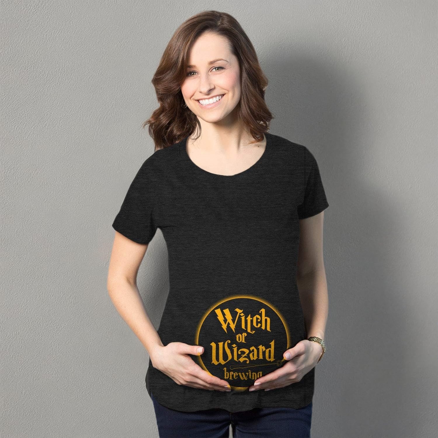image:imageHalloween Maternity Witch Or Wizard Brewing Pregnancy Funny Tees Funny Graphic Pregnancy Tee Halloween Maternity Wear Cool Movie Short Sleeve Ruched stretchy soft Maternity ShirtsHeather Black