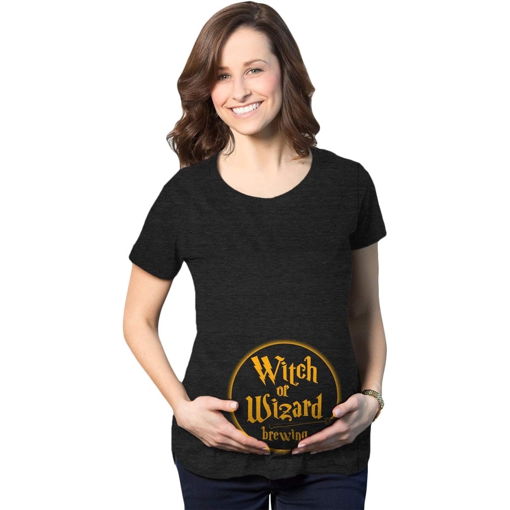 image:imageHalloween Maternity Witch Or Wizard Brewing Pregnancy Funny Tees Funny Graphic Pregnancy Tee Halloween Maternity Wear Cool Movie Short Sleeve Ruched stretchy soft Maternity ShirtsHeather Black