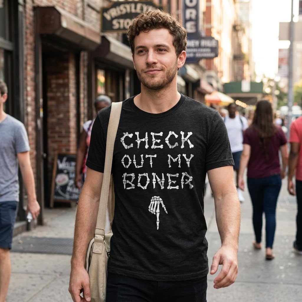 image:imageHalloween Mens TShirt Check Out My Boner Skeleton Bones TeesHeather Black Boner