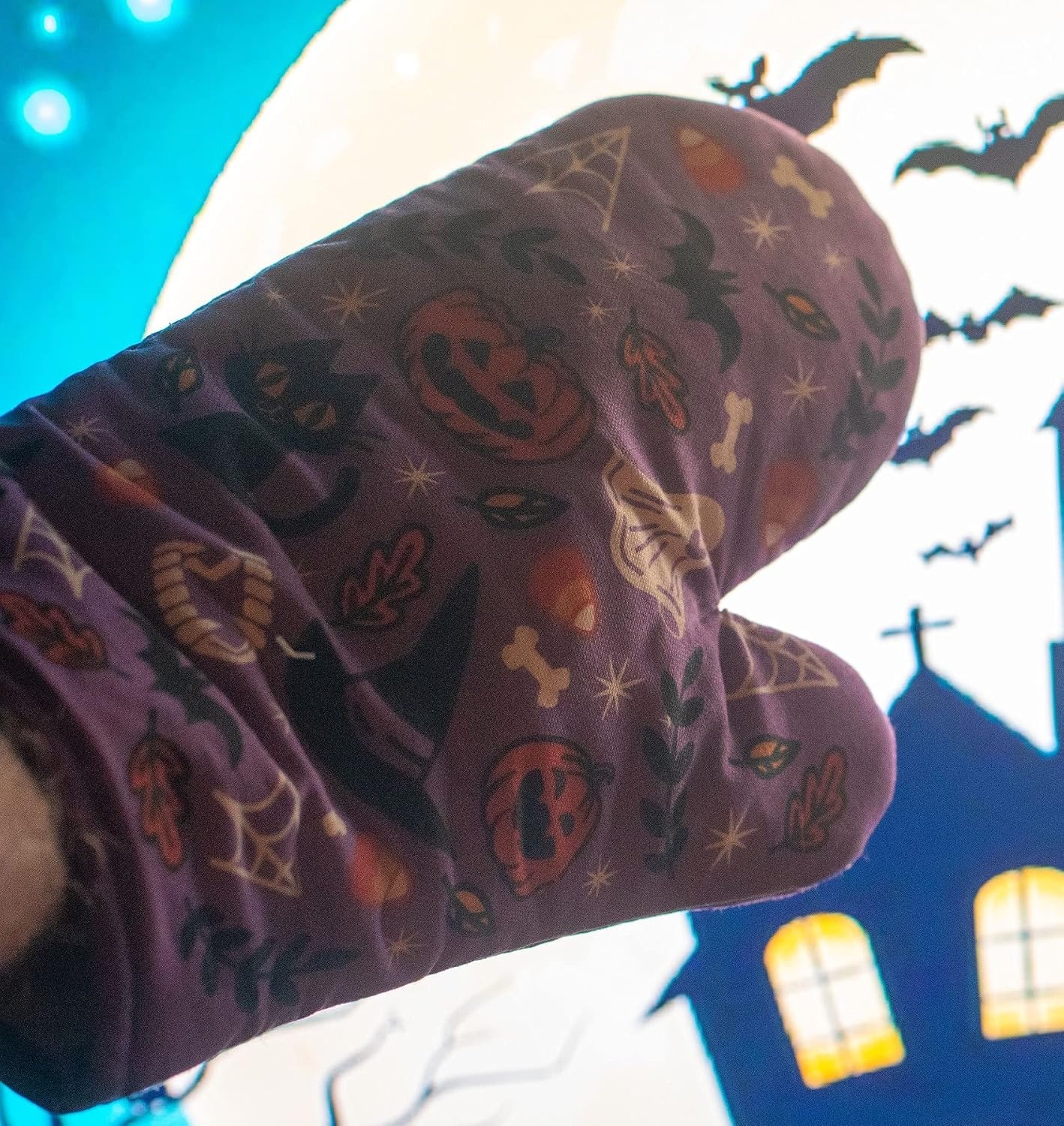 image:imageHalloween Oven Mitt Cute Festive JackOLantern Spooky Candy Corn Kitchen Glove Funny Graphic Kitchenwear Halloween Novelty Cookware Purple Oven Mitt Pack of 2Oven Mitt Pack of 2