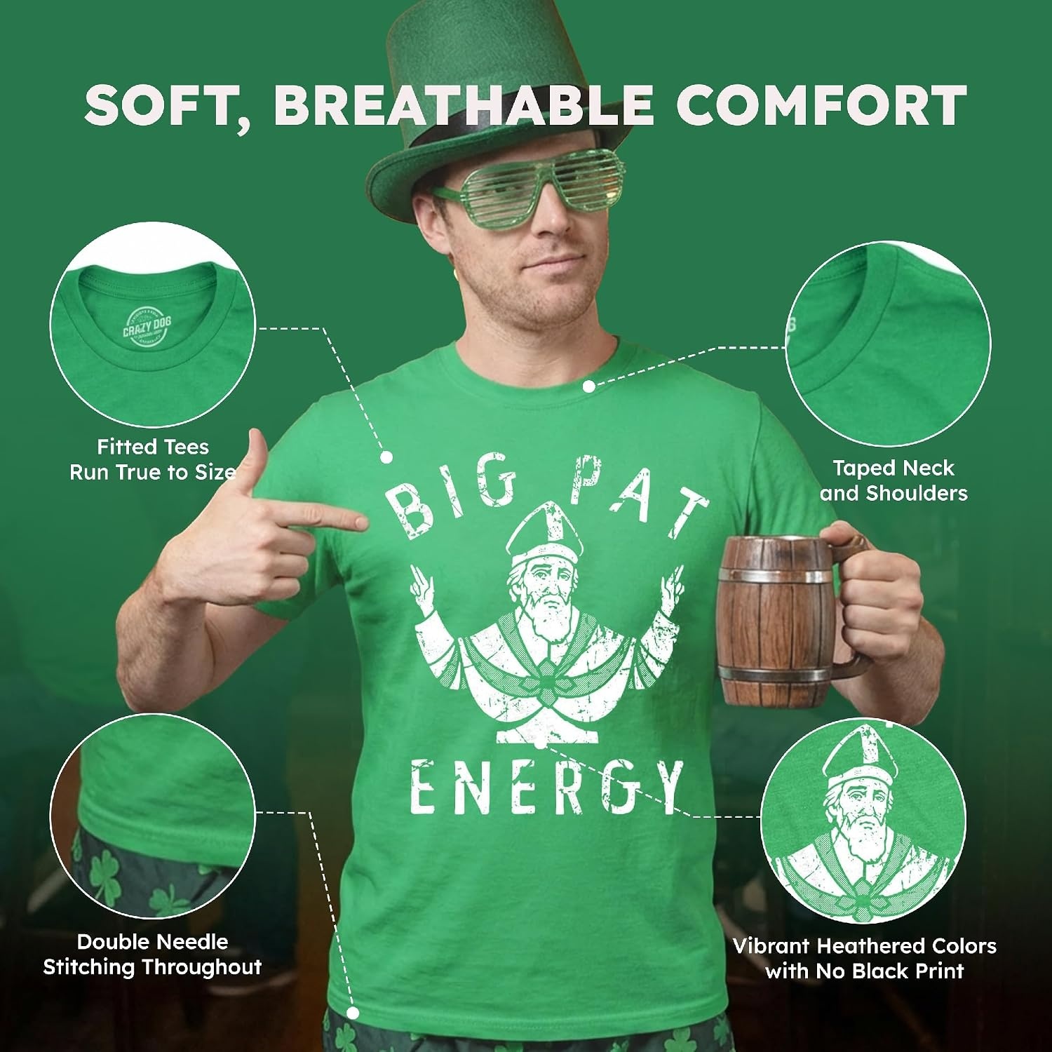 image:imageSaint Patricks Day Partying Parade Graphic Funny T Shirts for MenHeather Green Big Pat Energy