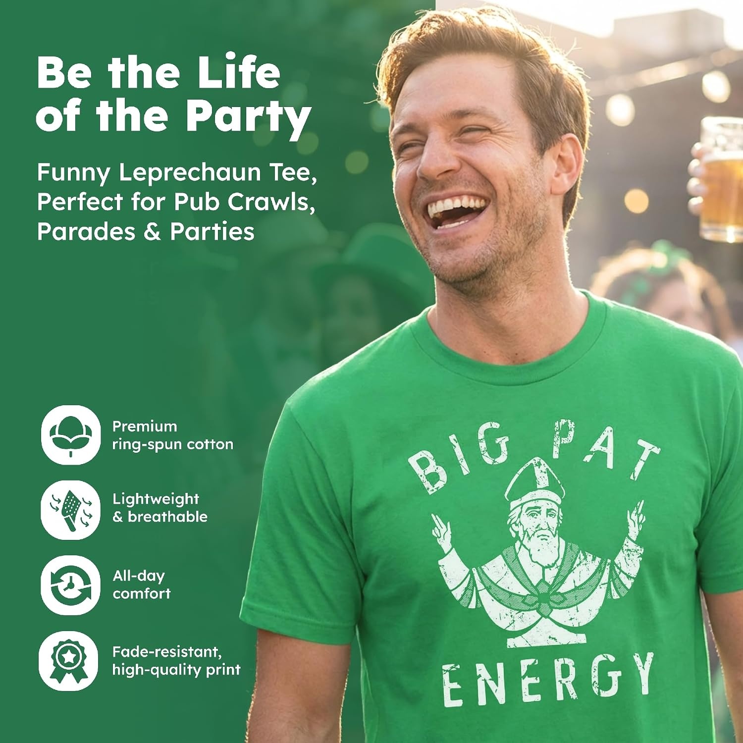 image:imageSaint Patricks Day Partying Parade Graphic Funny T Shirts for MenHeather Green Big Pat Energy