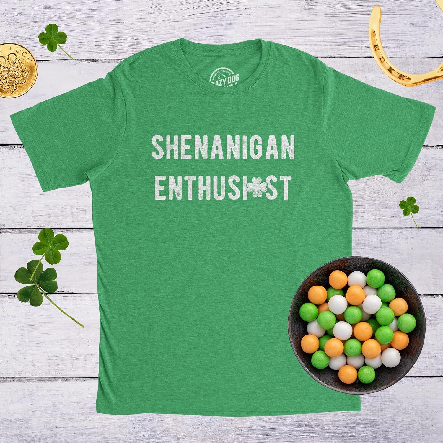 image:imageSaint Patricks Day Partying Parade Graphic Funny T Shirts for MenHeather Green Shenanigan Enthusiast Text