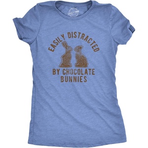 Candy Chocolate and Candy Easter Funny Graphic T Shirt for Women(Light Heather Blue – Distracted By Bunnies)