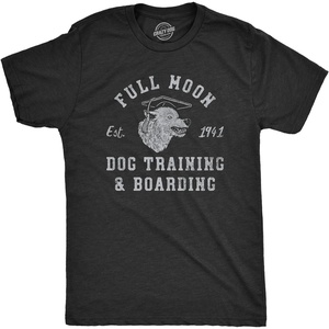 Halloween Mens Full Moon Dog Training and Boarding Werewolf Tees(Heather Black – Moon)