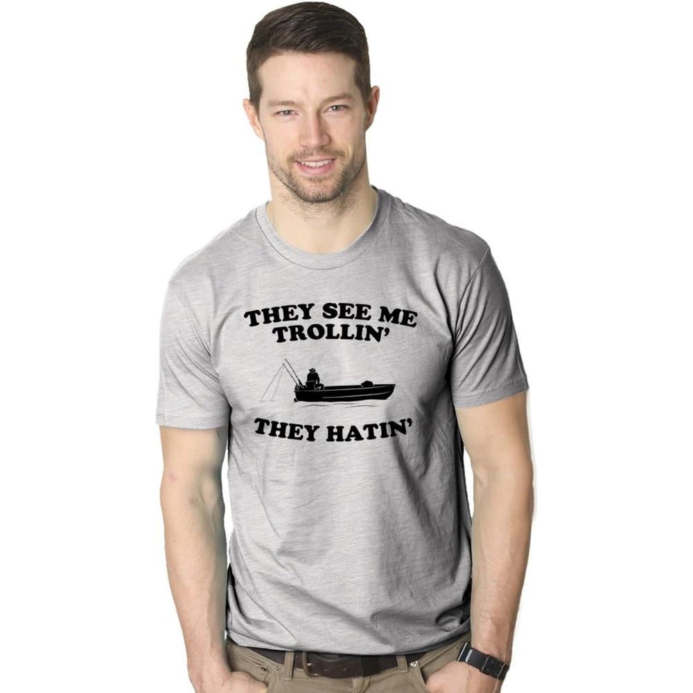image:imageMens Funny Fishing TShirt They See Me Trollin Boat TeeLight Heather Grey