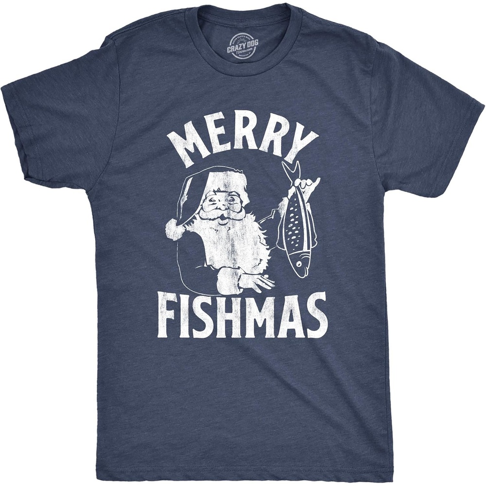 image:imageMerry Fishmas Christmas Fishing Santa Funny T Shirts for MenHeather Navy