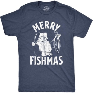 Merry Fishmas Christmas Fishing Santa Funny T Shirts for Men(Heather Navy)
