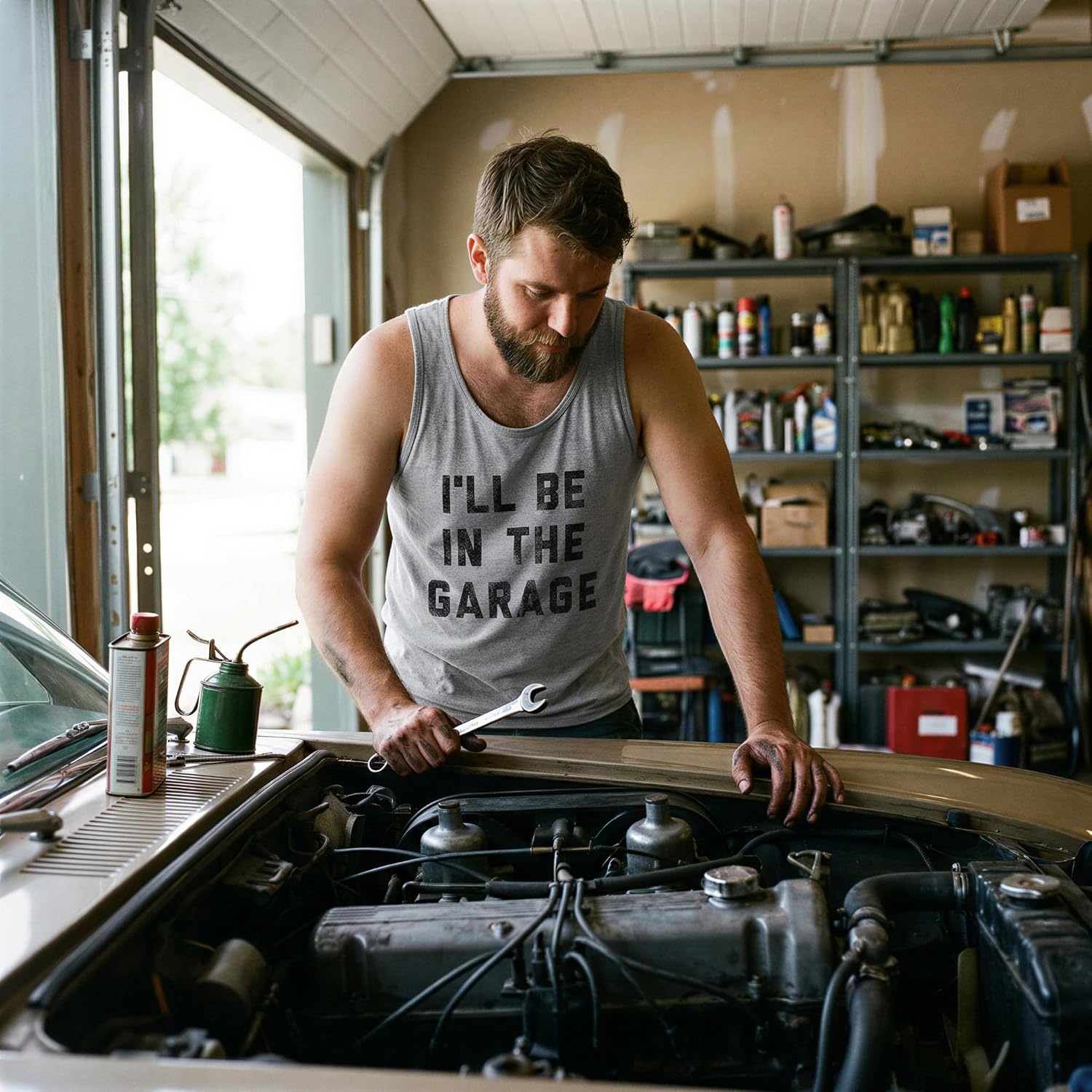 image:imageMens Fitness Tank Ill Be in The Garage Tanktop Funny Car Dad ShirtLight Heather Grey