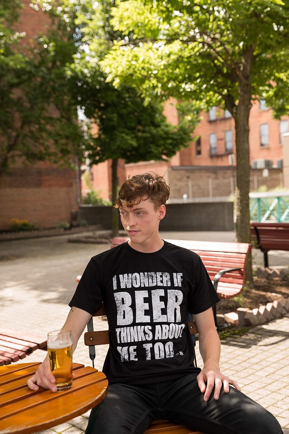 image:imageMens I Wonder If Beer Thinks About Me Too Funny Drinking TeeGreen