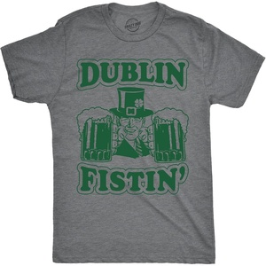 Mens Saint Patricks T Shirt Funny Irish Tees Cool Party Tees(Dark Heather Grey – Dublin Fistin)