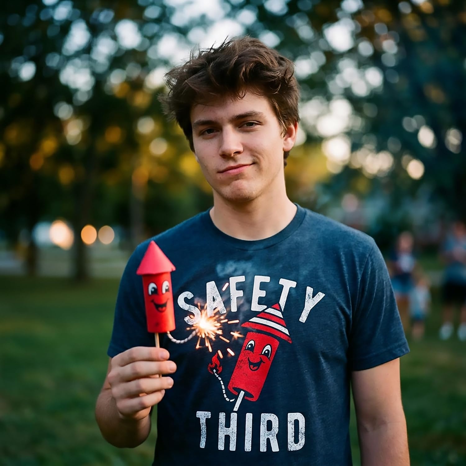 image:imageFirework Fourth of July Firecracker Humor Funny T Shirts for MenHeather Navy Safety Third
