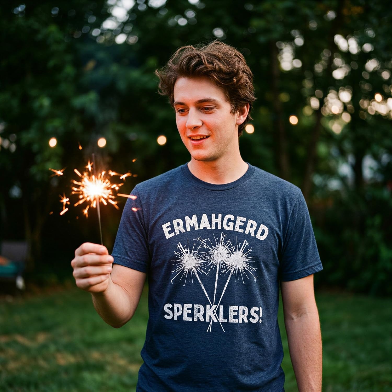 image:imageFirework Fourth of July Firecracker Humor Funny T Shirts for MenHeather Navy Sperklers