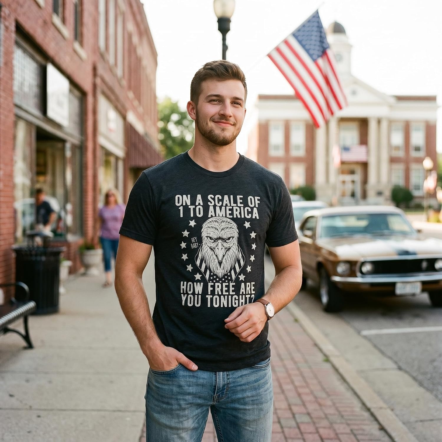 image:imageOn A Scale of 1 to America How Free are You Funny Shirts for MenHeather Black