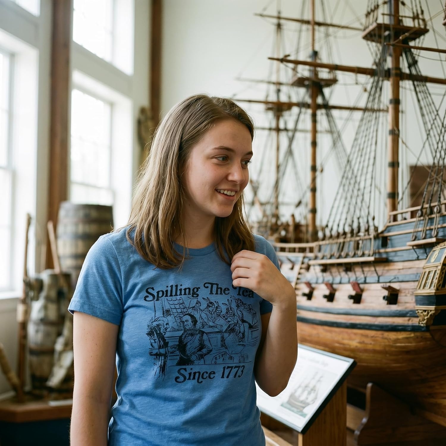 image:imageSpilling The Tea Since 1773 US History Boston Shirt for WomenLight Heather Blue